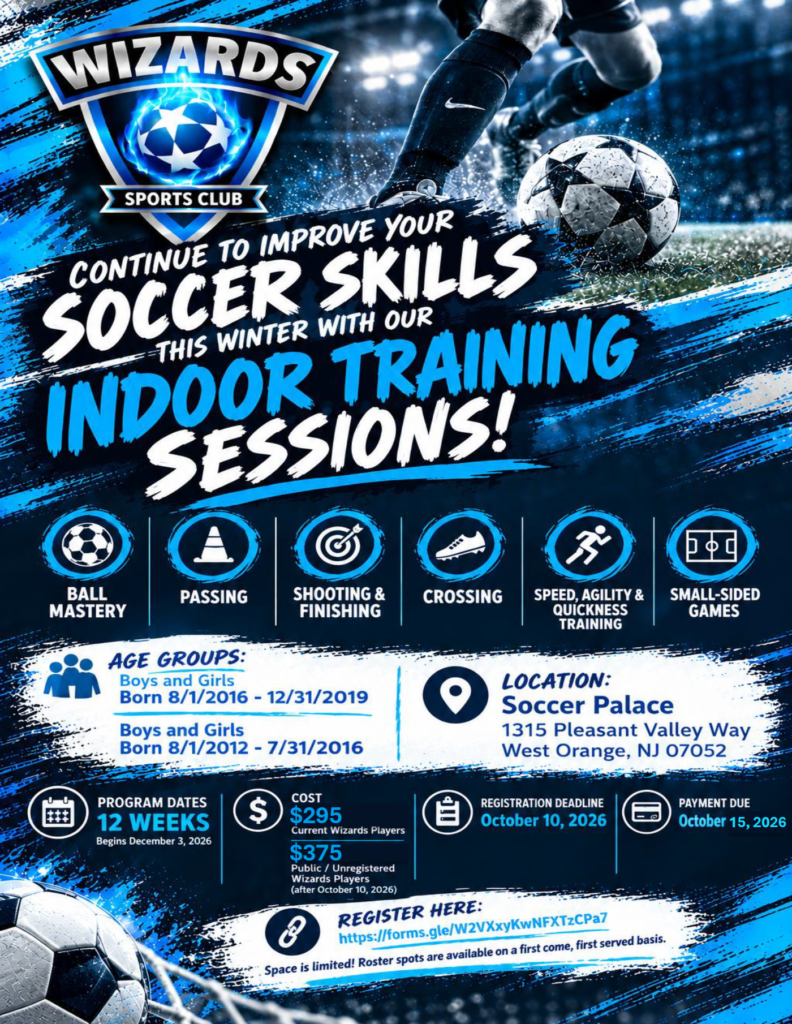 Wizards 2026 winter indoor soccer skills training in West Orange, NJ Soccer Palace